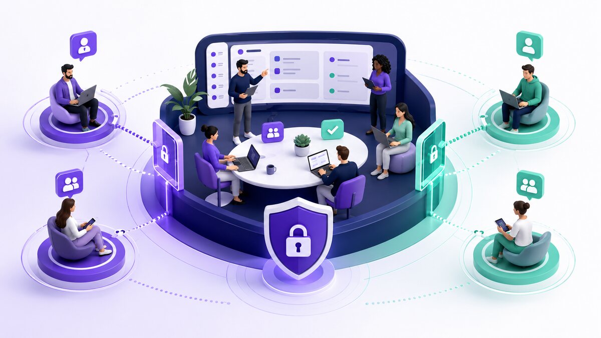 Equipes de empresas diferentes colaborando com controle de acesso no Slack